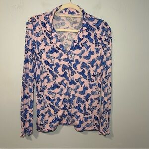 Lilly Pulitzer Zanzibar Pink & Blue Ruff Night Button-Up Ruffled PJ Top Size XS